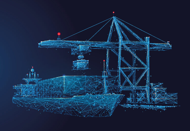 Picture of a drawed ship and container crane to illustrate the future of shipping